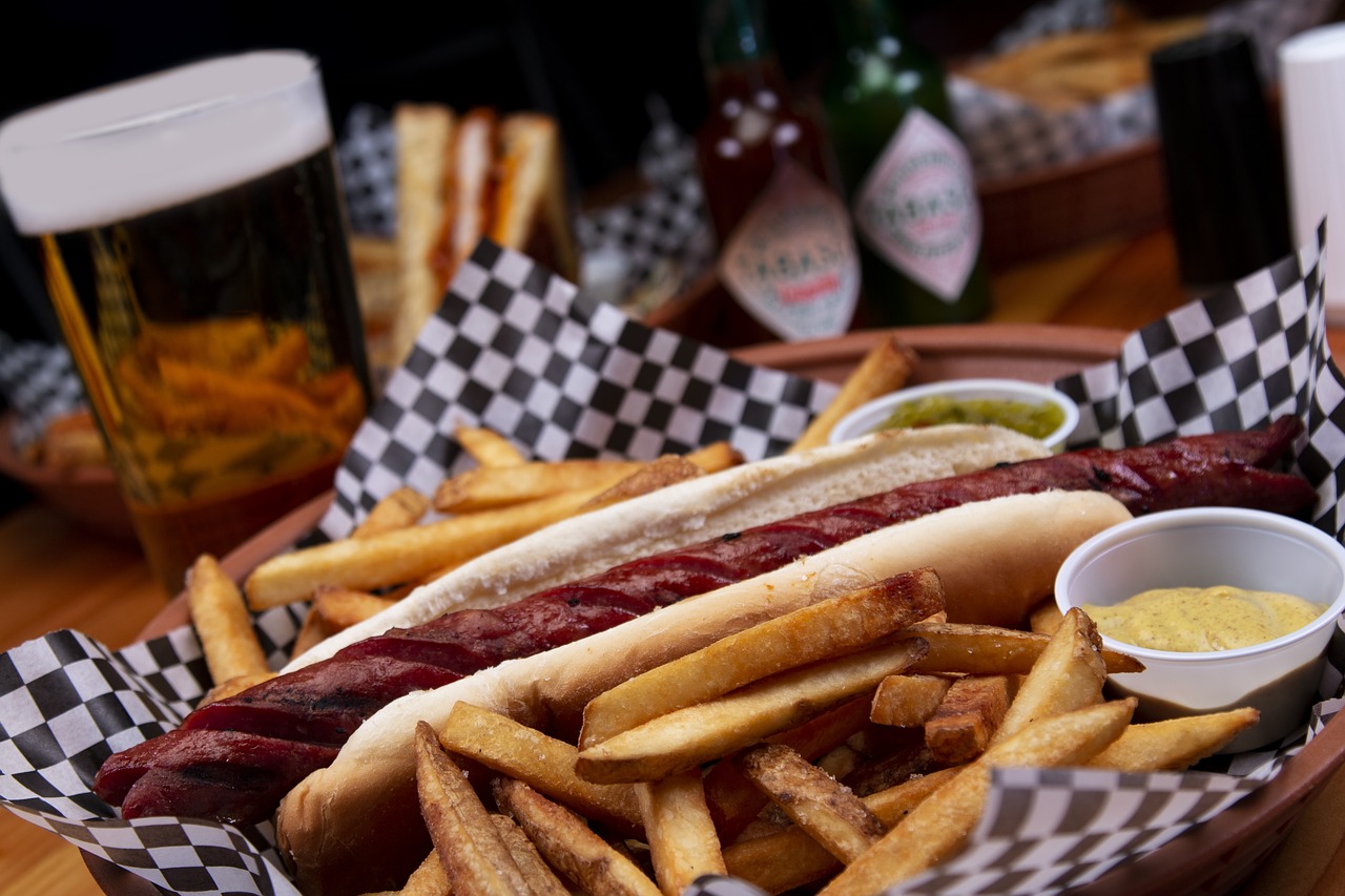 hot dog, french fries, food
